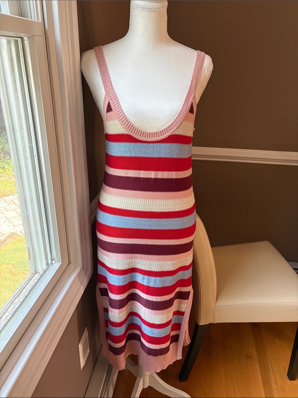 Suboo Striped Sleeveless Midi Dress in Pink, Red, Blue & Cream
